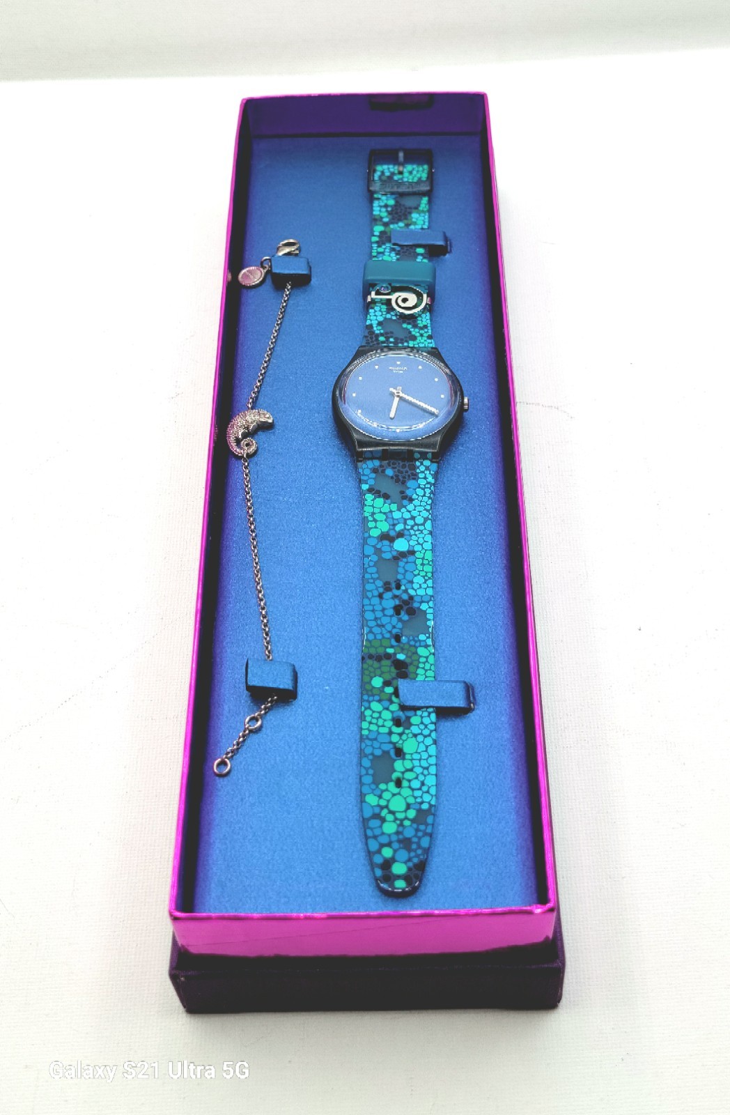 Swatch GZ320 Chamecrazy Blue Green Bubbles 925 Silver Chameleon Bracelet In Box