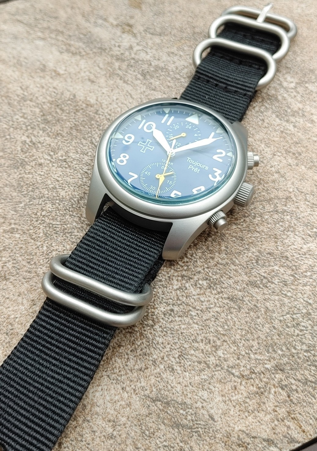 Toujours Pret GMT military field watch. Blasted stainless steel – Blue