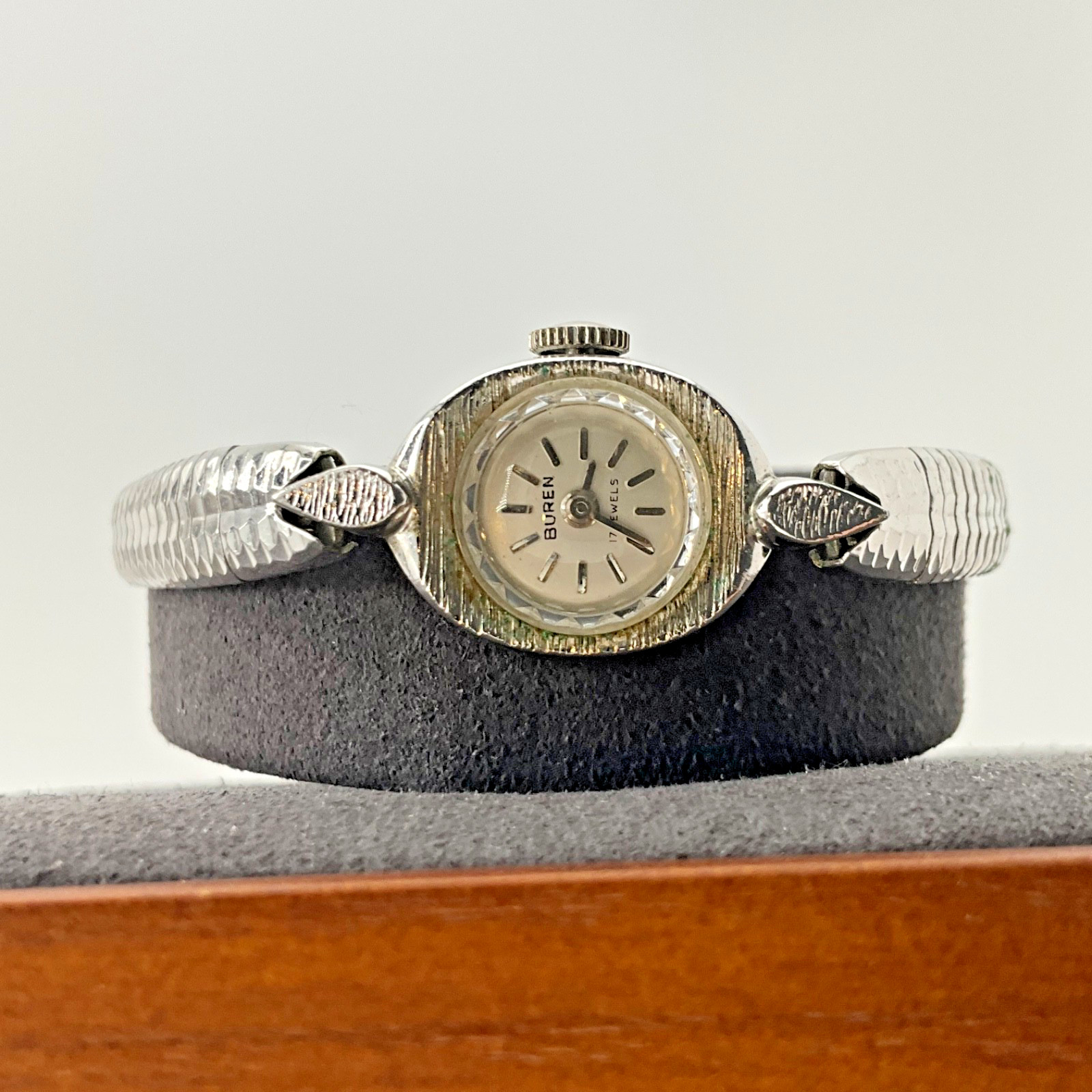 Vintage Buren 1950’s MCM Cocktail Watch Silver Tone Mid Century Modern Wind Up