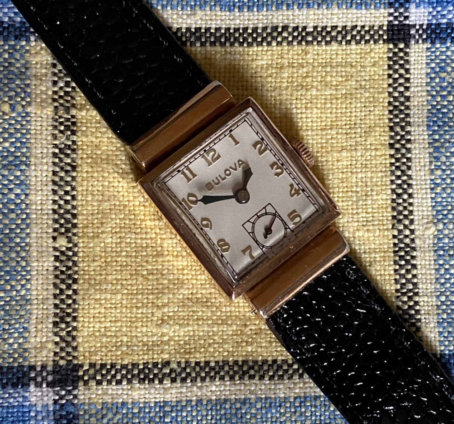 Vintage Bulova 14k Gold Filled Mechanical Watch Sub Dial Black Leather Works Per