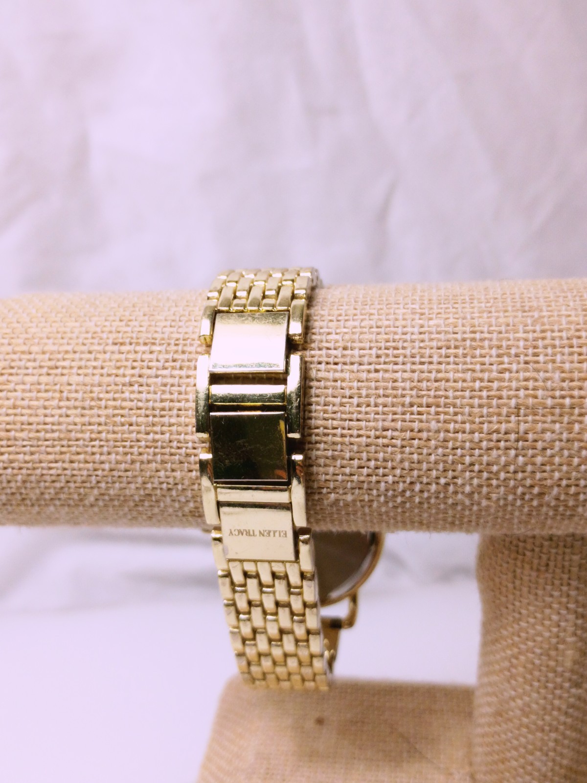 Ellen Tracy Watch Gold Tone Crystal Accent Jewelry Clasp Mother Pearl Dial Works