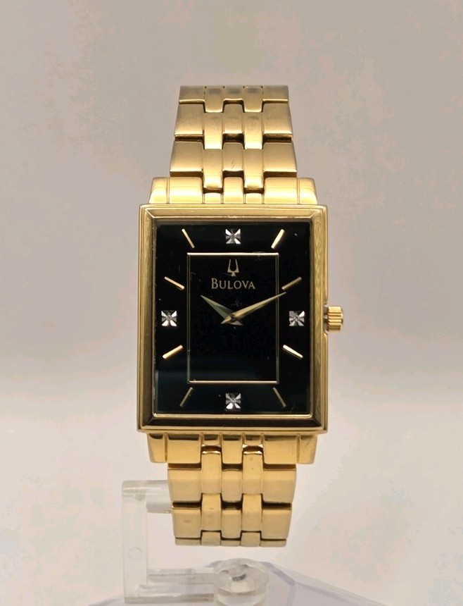Bulova Diamond Accent Gold-Tone Mens Watch Black Rectangular Dial 97D103