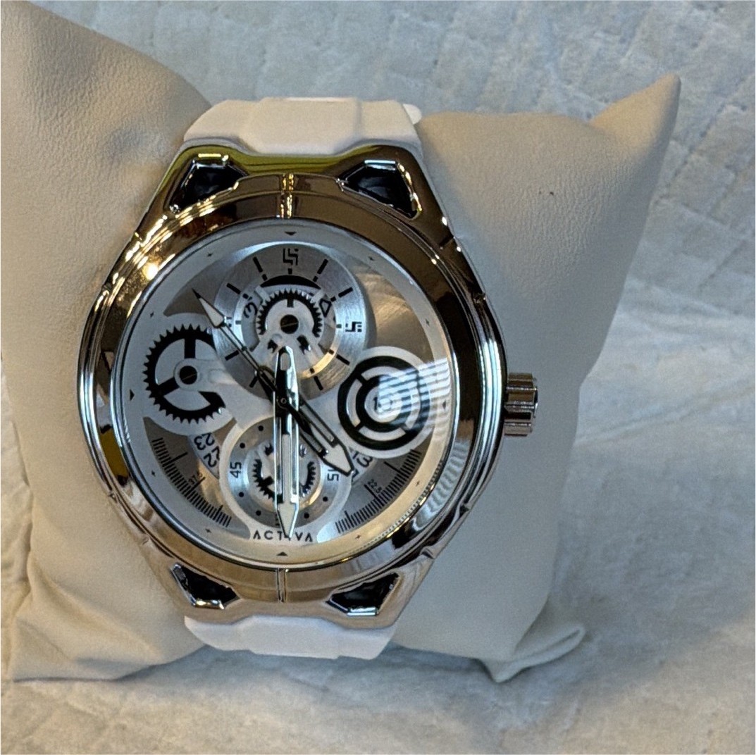 Activa Analog Quartz Wristwatch Silver/Black Dial Stick Index White Rubber Strap