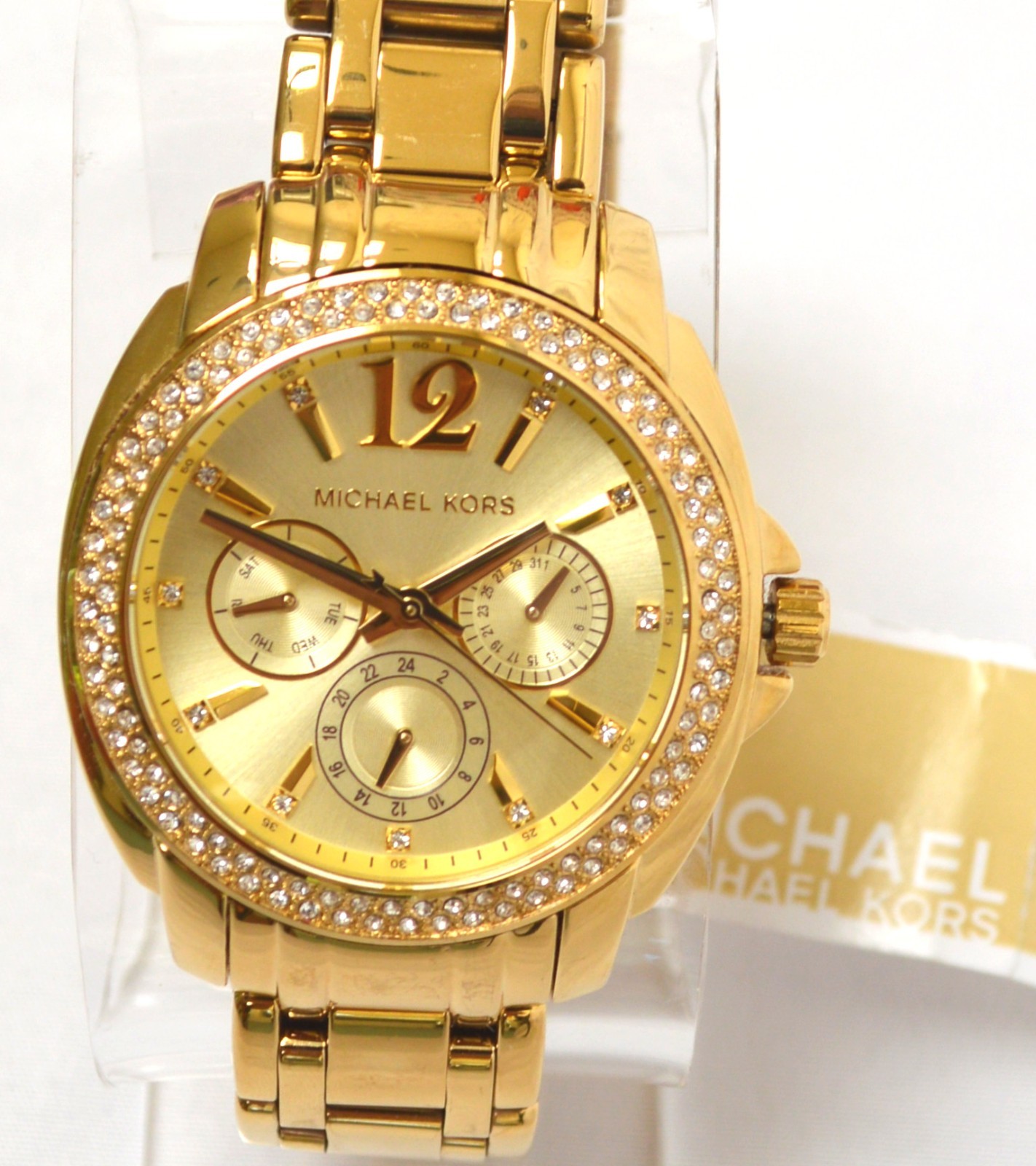 $275 NWT MICHAEL KORS MK5691 CAMERON GOLD TONE STAINLESS STEEL GLITZ CHRONOGRAP
