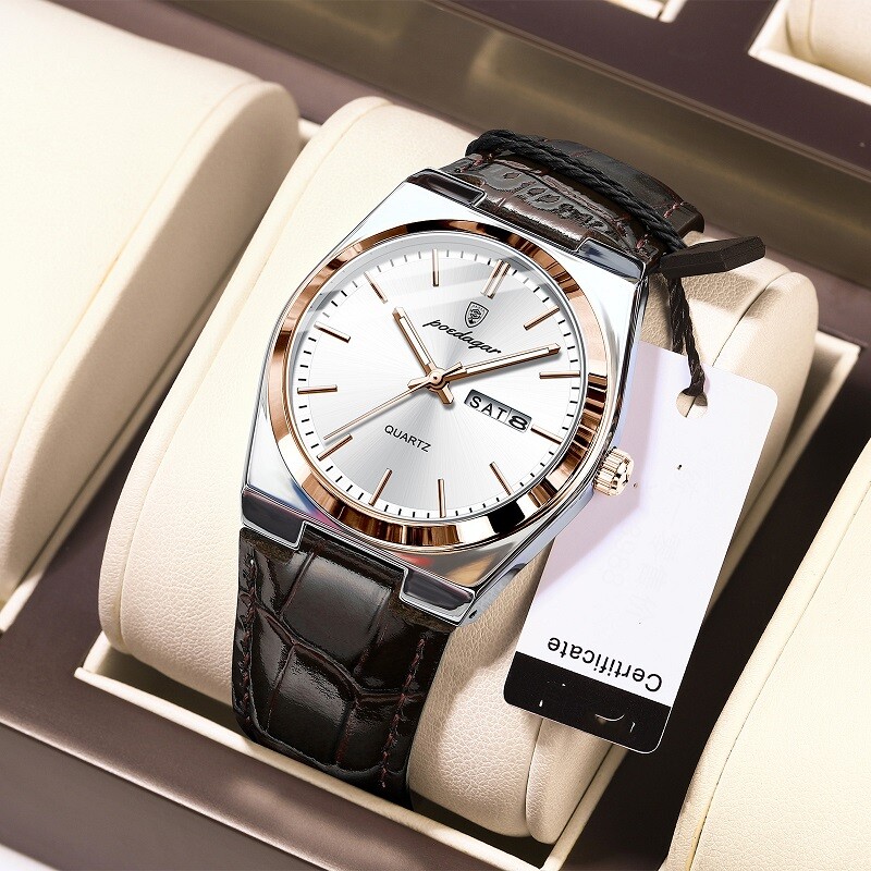 POEDAGAR Fashion Analog Men Watch Waterproof Luminous Leather Quartz Wristwatch