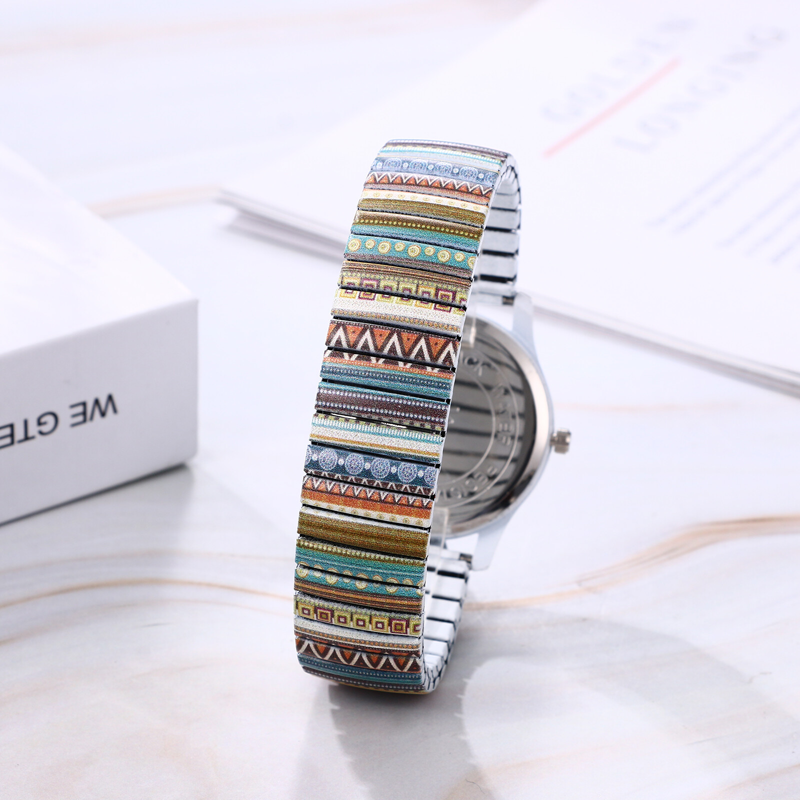 Womens Girls Boho Printed Elastic Band Big Numbers Round Dial Analog Wrist Watch