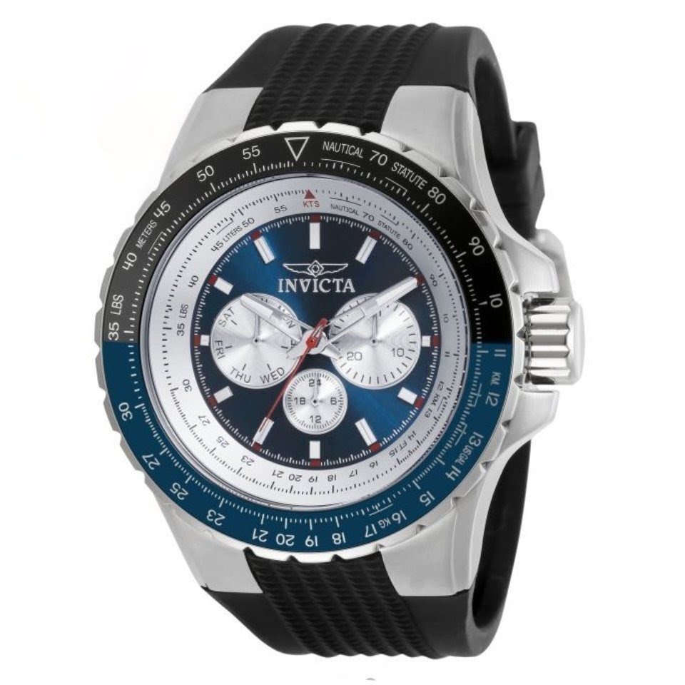 Invicta Aviator Skyshock Men’s 50mm Watch Silver Black Blue Silicone Band 32916