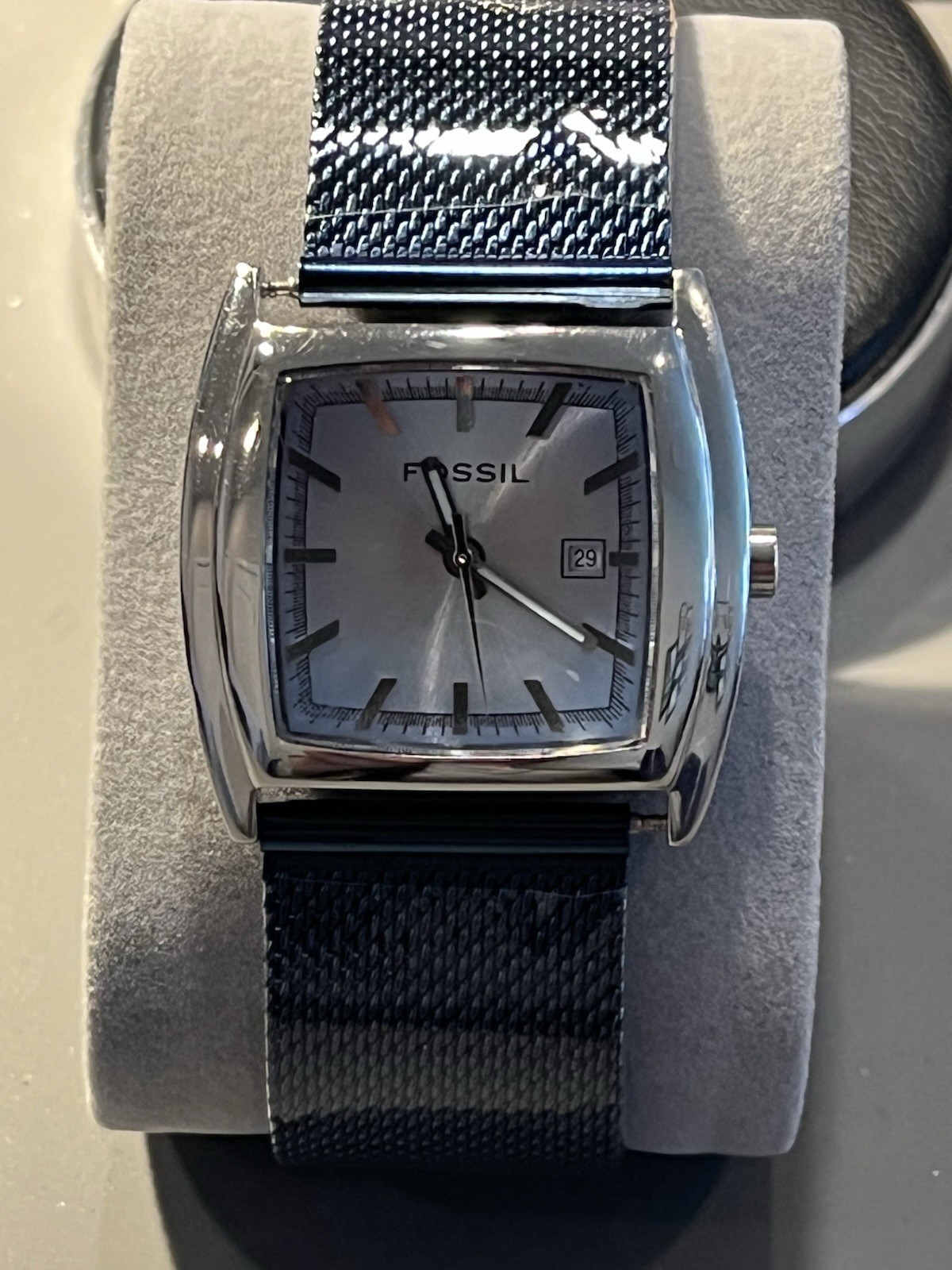 Fossil Quartz Watch Silver/Blue Dial Date Silver Case New Blue Mesh Band w/Box