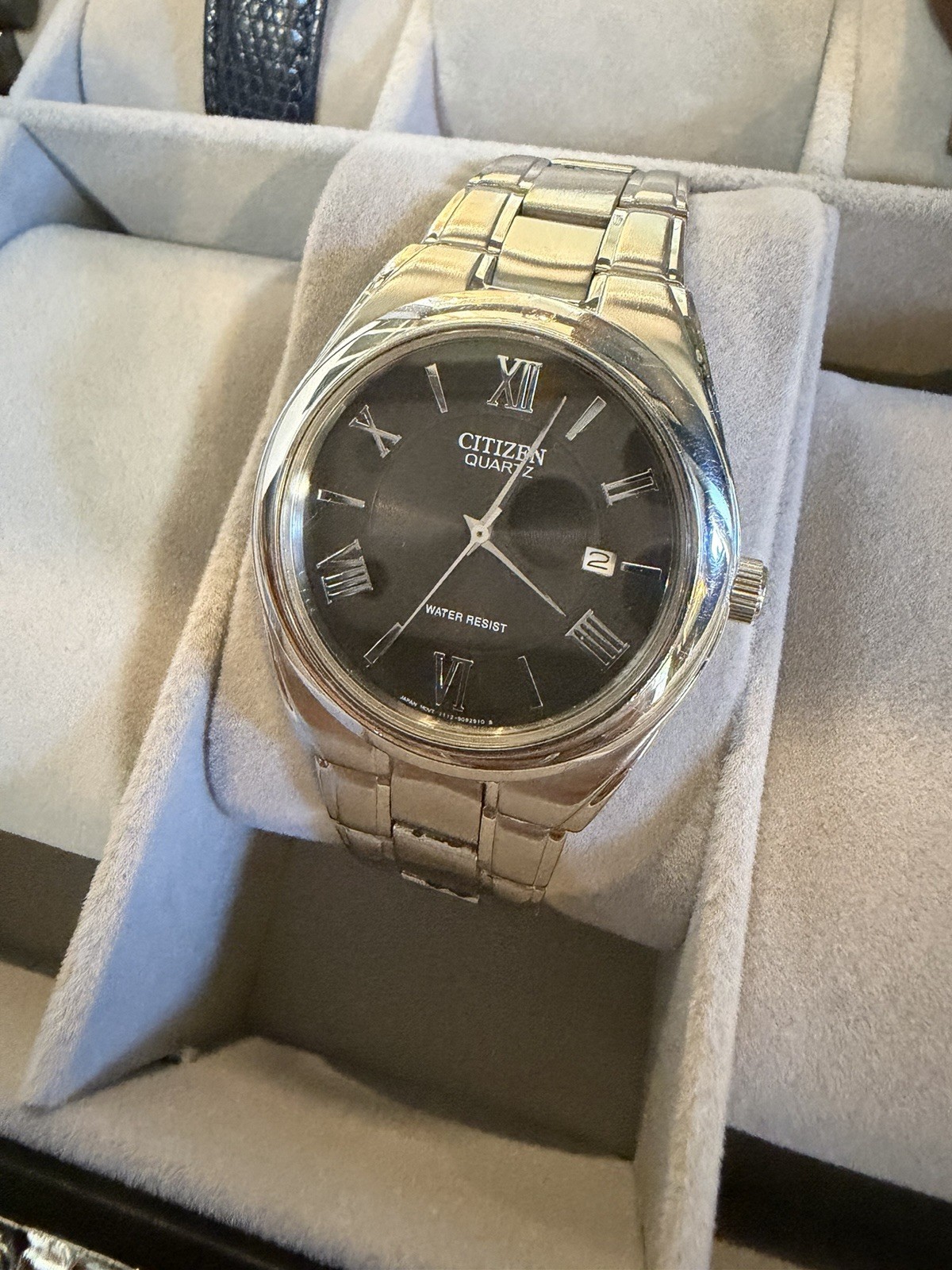 Citizen Quartz Men’s Black Dial Date Roman Numerals Silver SS Bracelet Watch