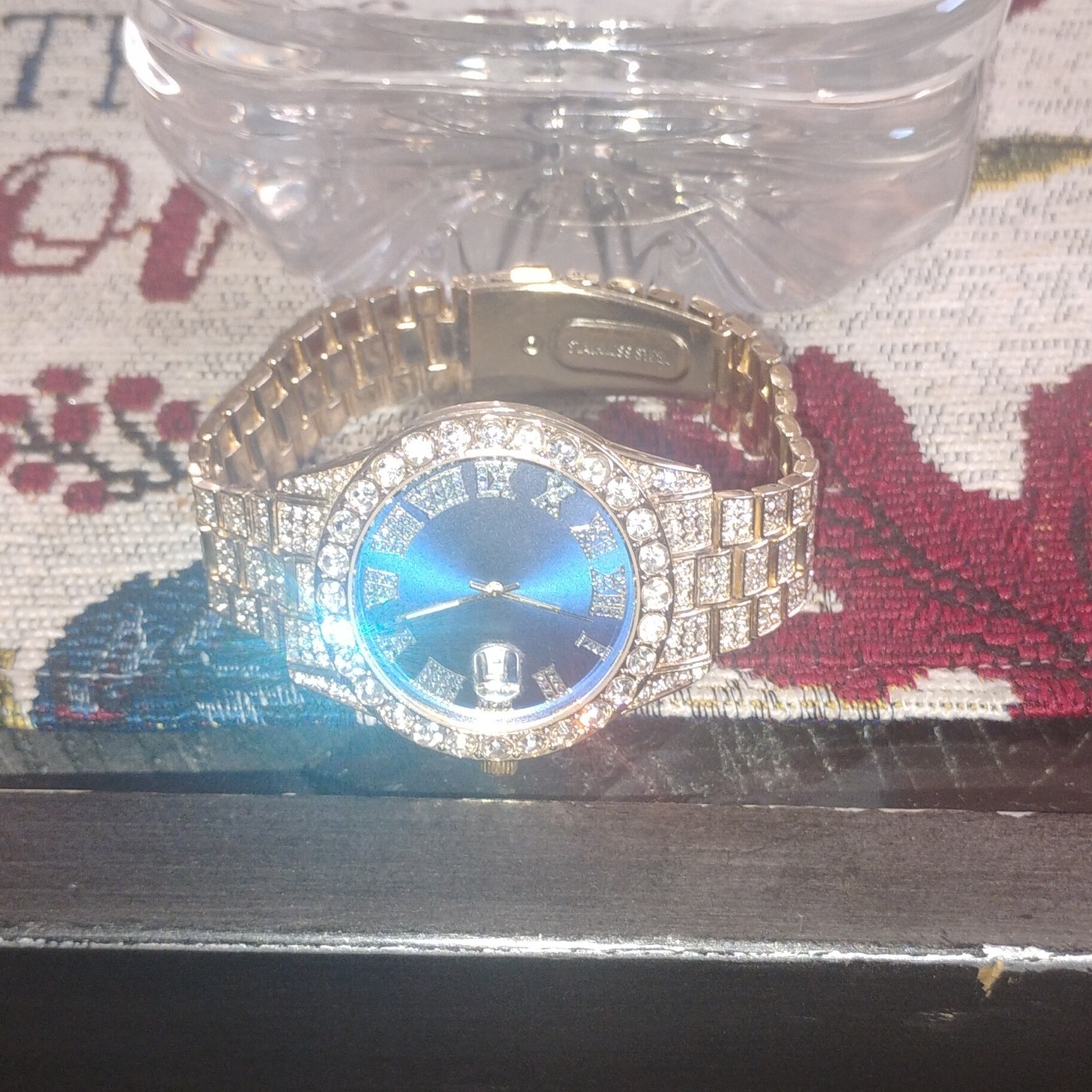 Gold-Tone Diamond Accent Wristwatch Blue Dial Roman Numerals Luxury Metal Band