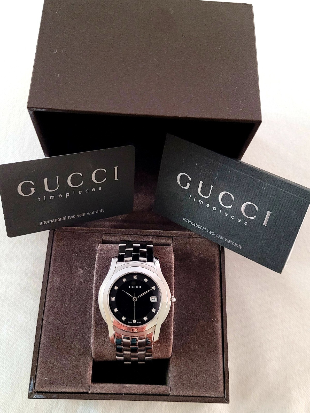 Gucci 5500M,Authentic Swiss Made,Diamond Dial,35 MM Case, 6.5″ Wrist,Box,Booklet