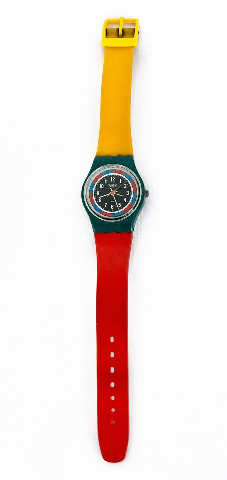 Vintage 1985 Swatch Tri Color Racer LS102 Swiss Watch Original Strap Not Running