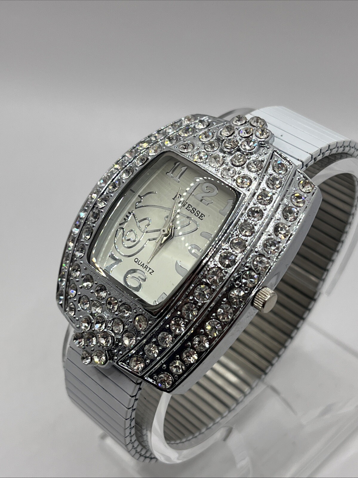 Finesse Women’s Watch Rhinestone Bezel White Stretch Band Butterfly- New Battery