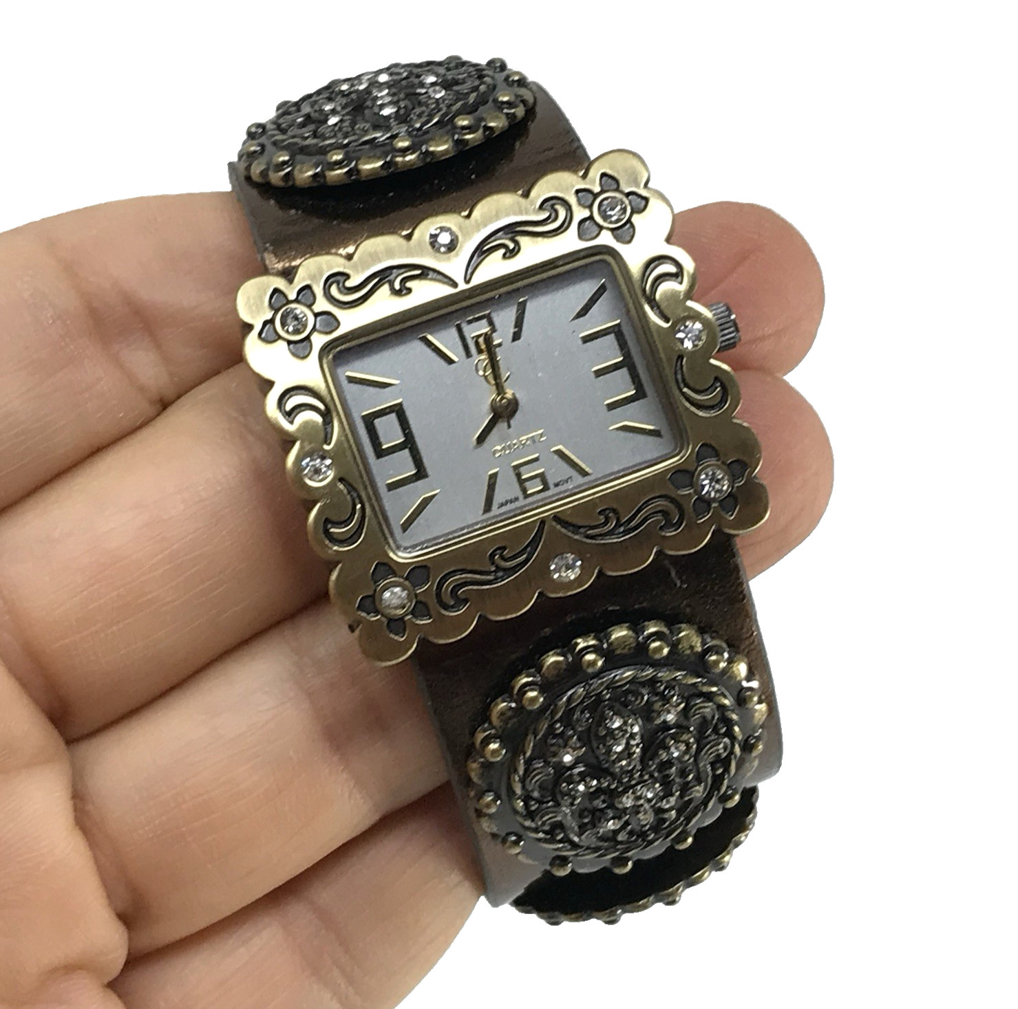 Western Faux Leather Cuff Watch Crystal Bling Fleur de Lis Buckle New Battery