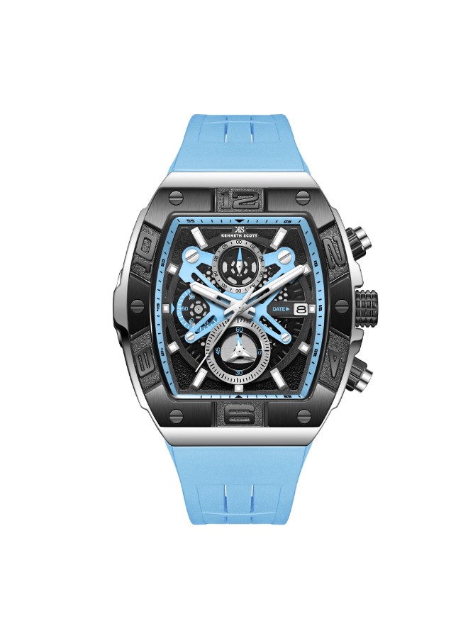 Kenneth Scott Men’s Chronograph Watch | Black Dial, Black Case, Blue Band, 44mm