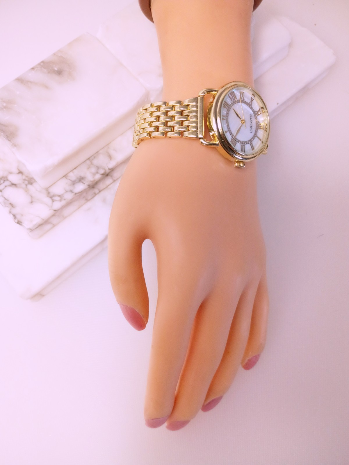 Ellen Tracy Watch Gold Tone Crystal Accent Jewelry Clasp Mother Pearl Dial Works