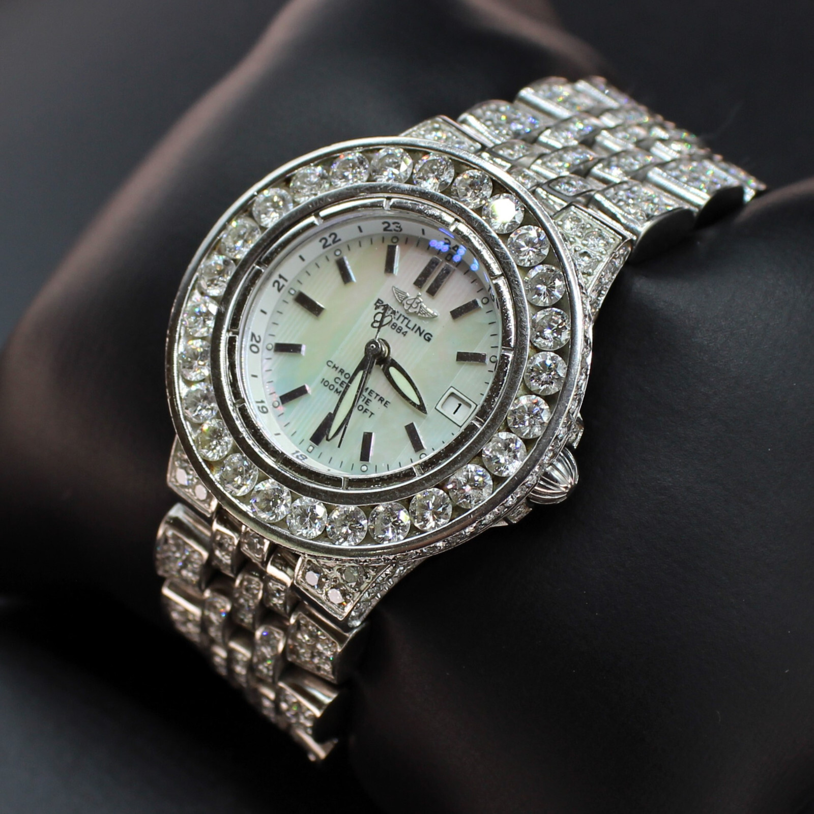 21 CARAT BUST DOWN BREITLING STARLINER WHITE MOTHER OF PEARL DIAL DIAMOND WATCH!