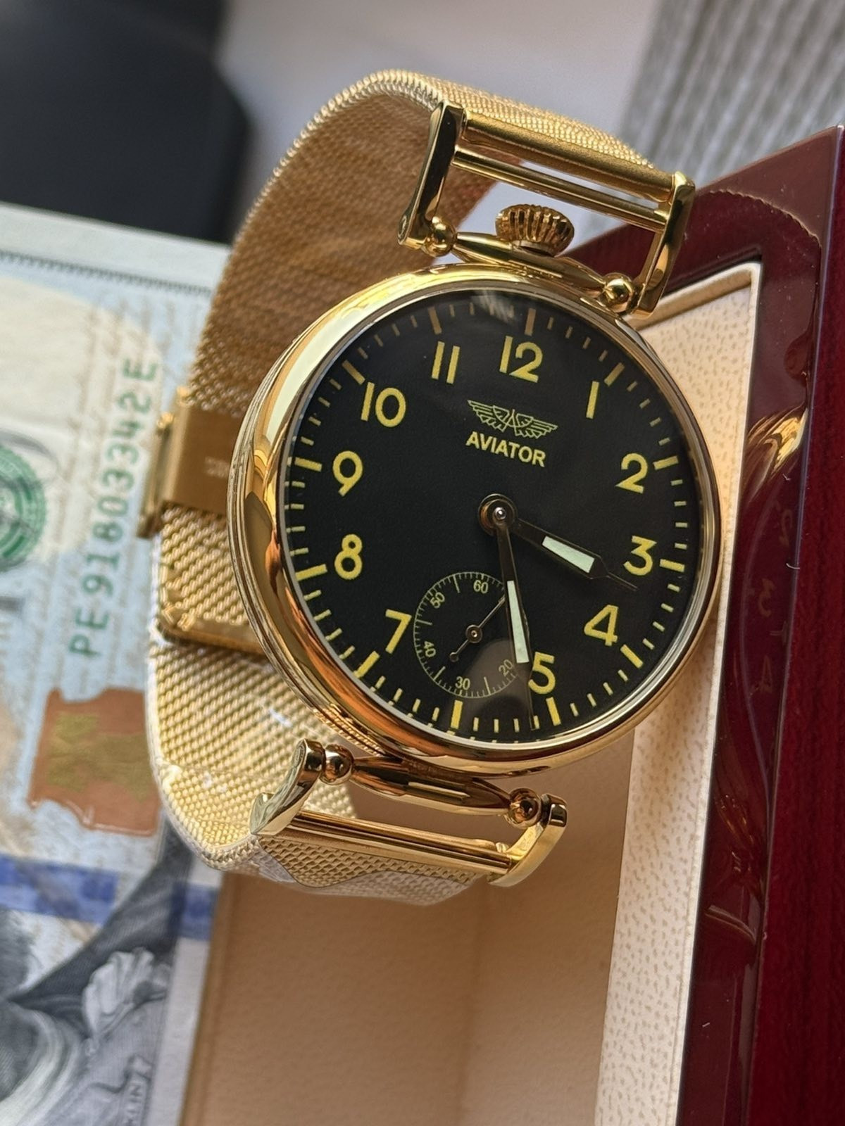 Molniya Watch Mechanical Aviator Wrist Golden Russian USSR Molnja Gold Strap