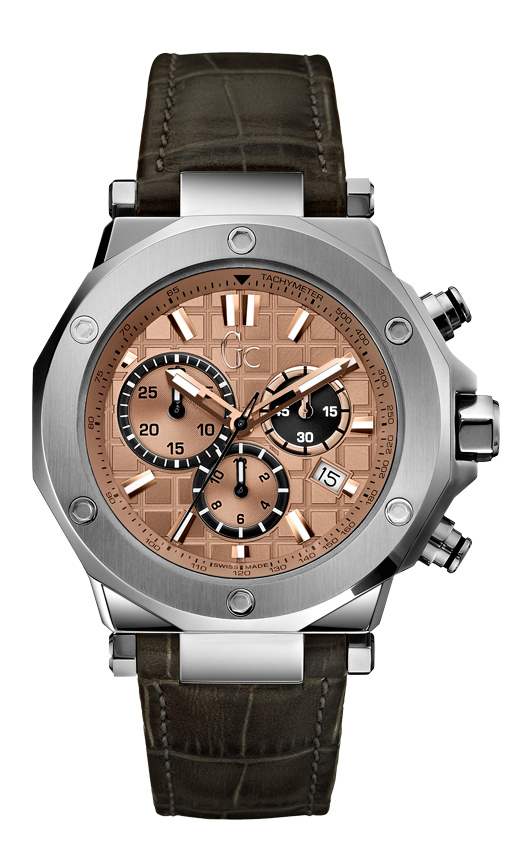 GUESS GC-3 Chrono X72017G3S Herrenuhr – Edelstahlgehäuse, graues Lederarmband