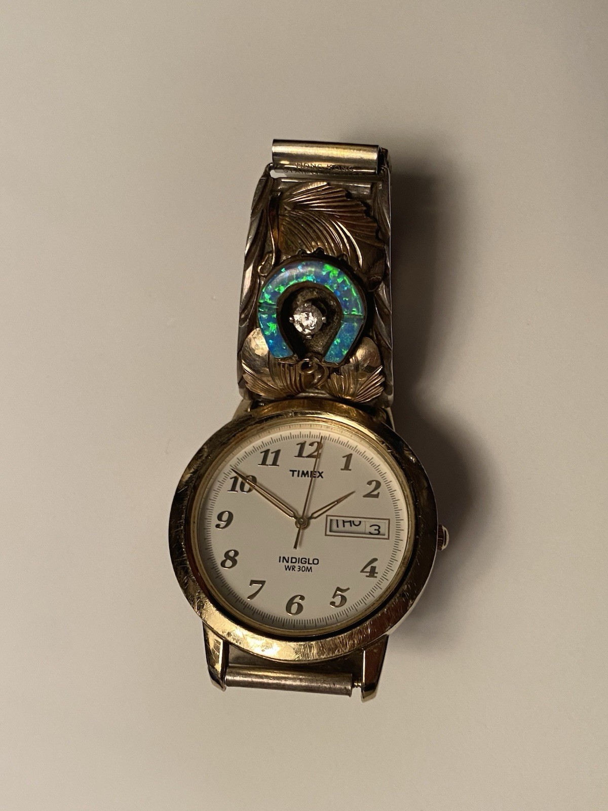 Vintage Native Sterling Silver Watch Cuff Timex Dial Watch Lab Opal CZ Horseshoe