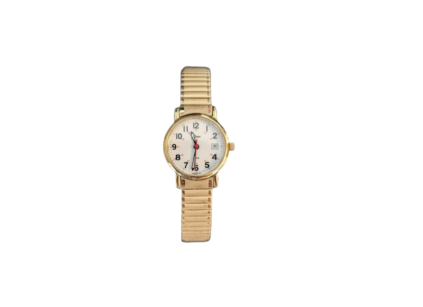 Vtg BELAIR Military Time Watch Day Date Gold Tone Stainless Stretchy NEW BATTERY