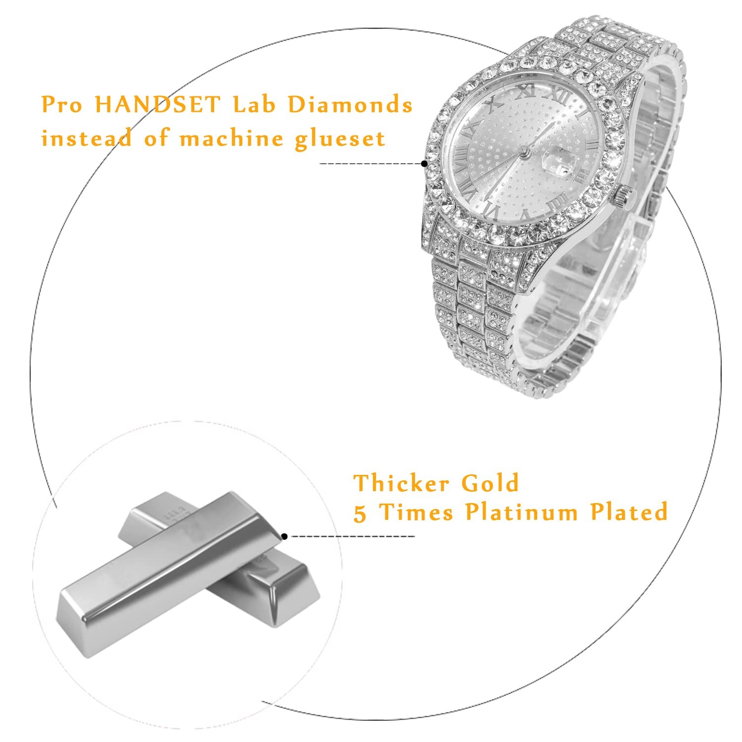 Mens Luxury Diamond Watch Silver Plated Round Dial Quartz Wristband 42MM NEW!