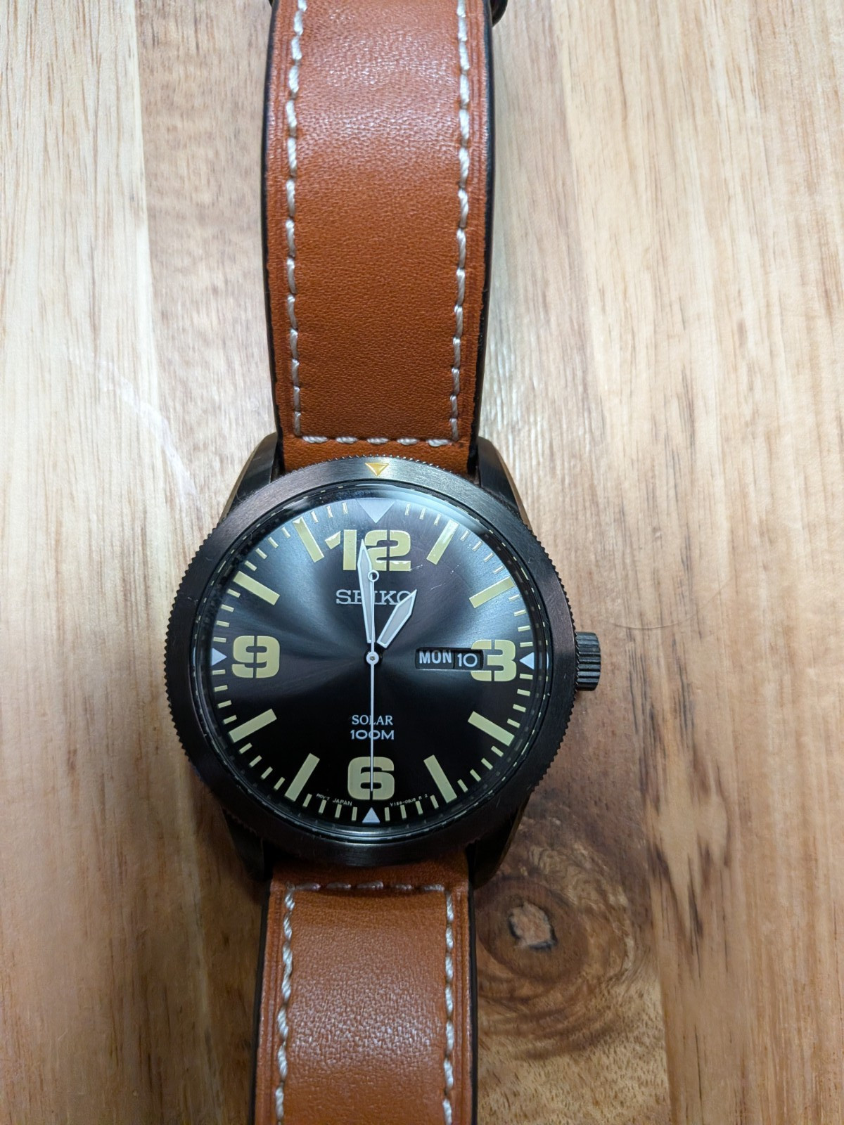 Seiko SNE332 Solar 43mm Black Dial Brown Leather Day/Date 100 Meters