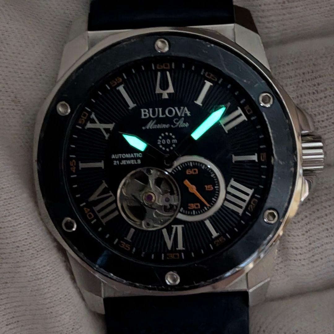 Bulova Marine Star Automatic Open Heart Blue Wristwatch Japan Working 075582