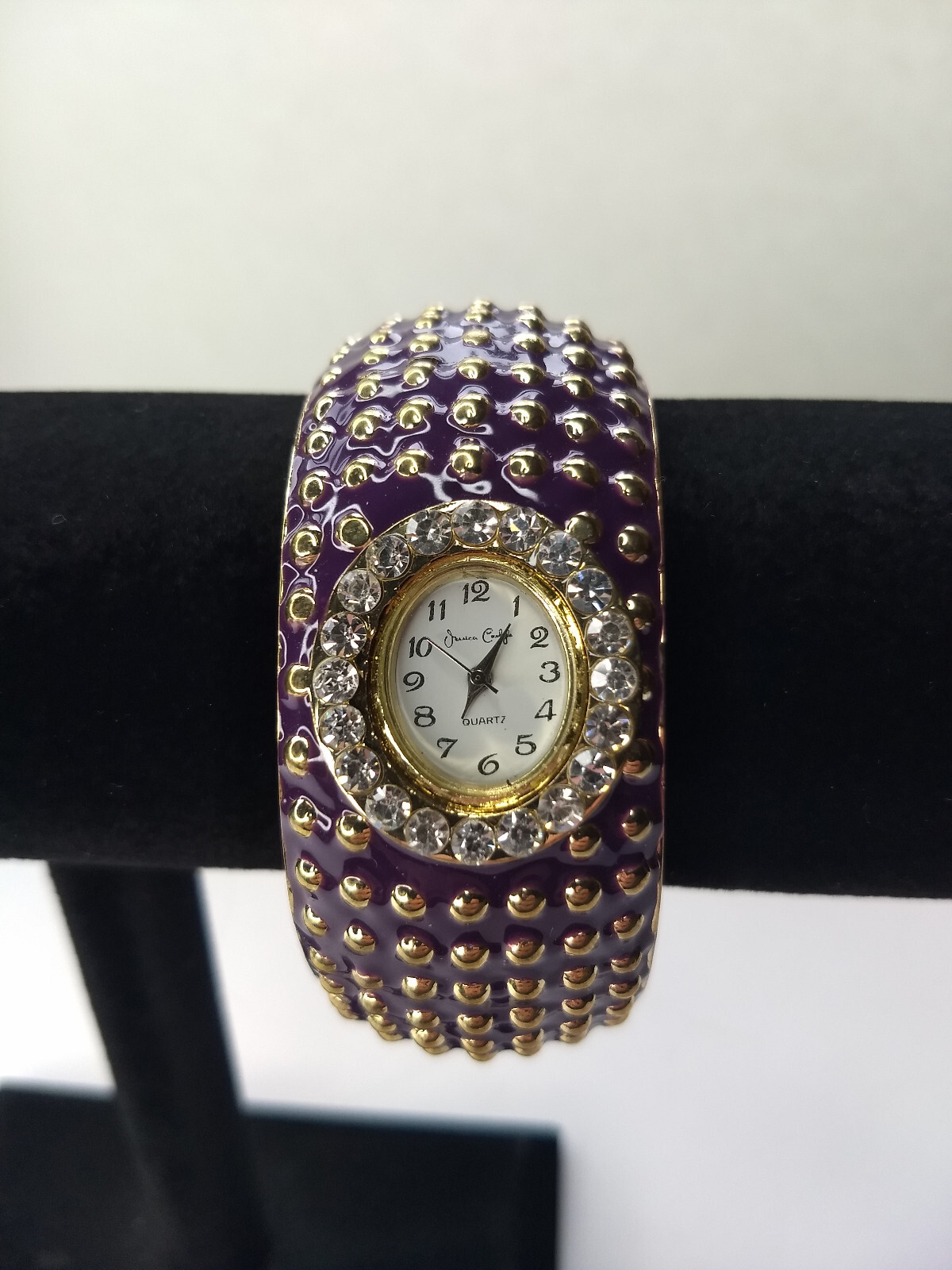 Jessica Carlyle Fashion Cuff Purple Gold Tone Watch Hinge New Battery Tested