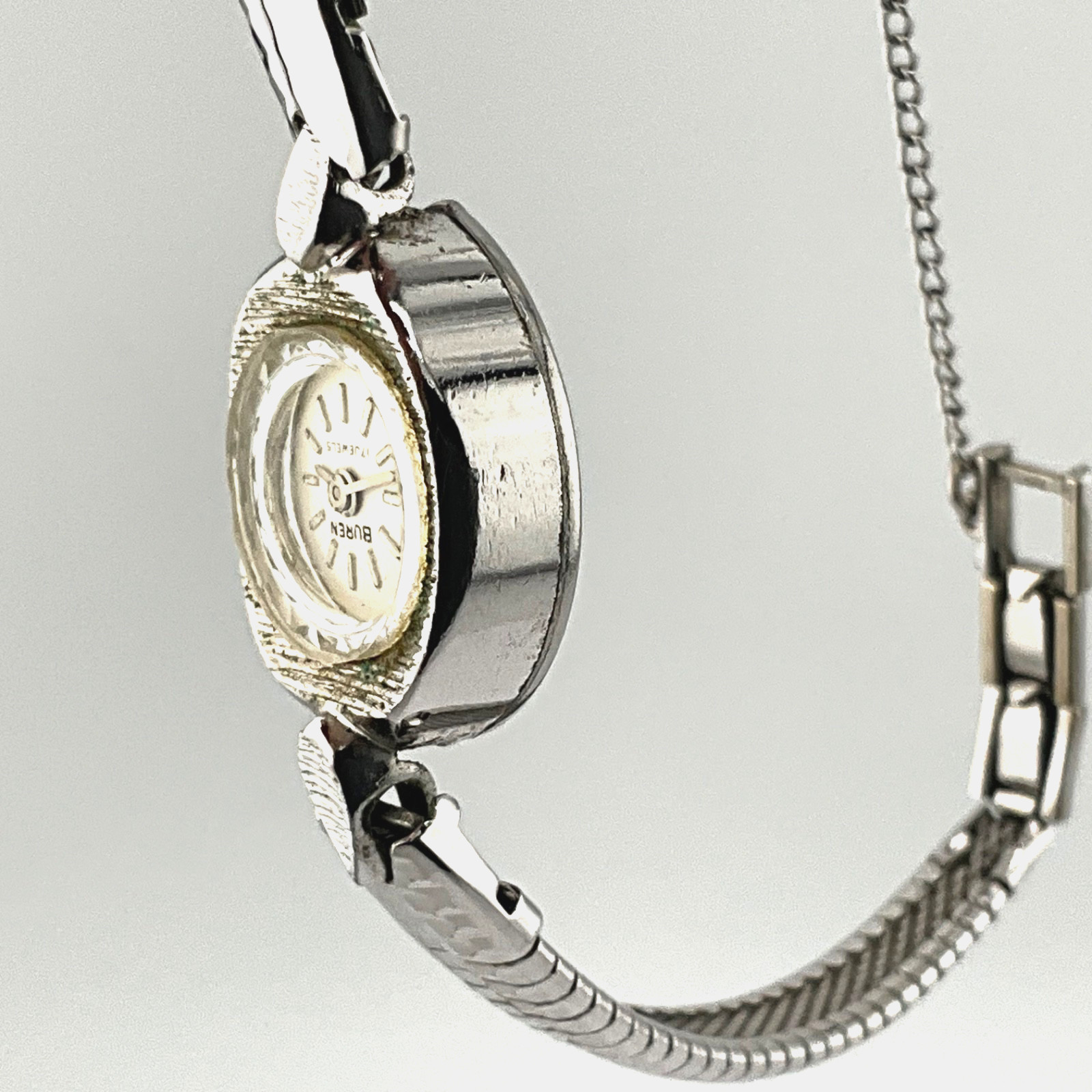 Vintage Buren 1950’s MCM Cocktail Watch Silver Tone Mid Century Modern Wind Up