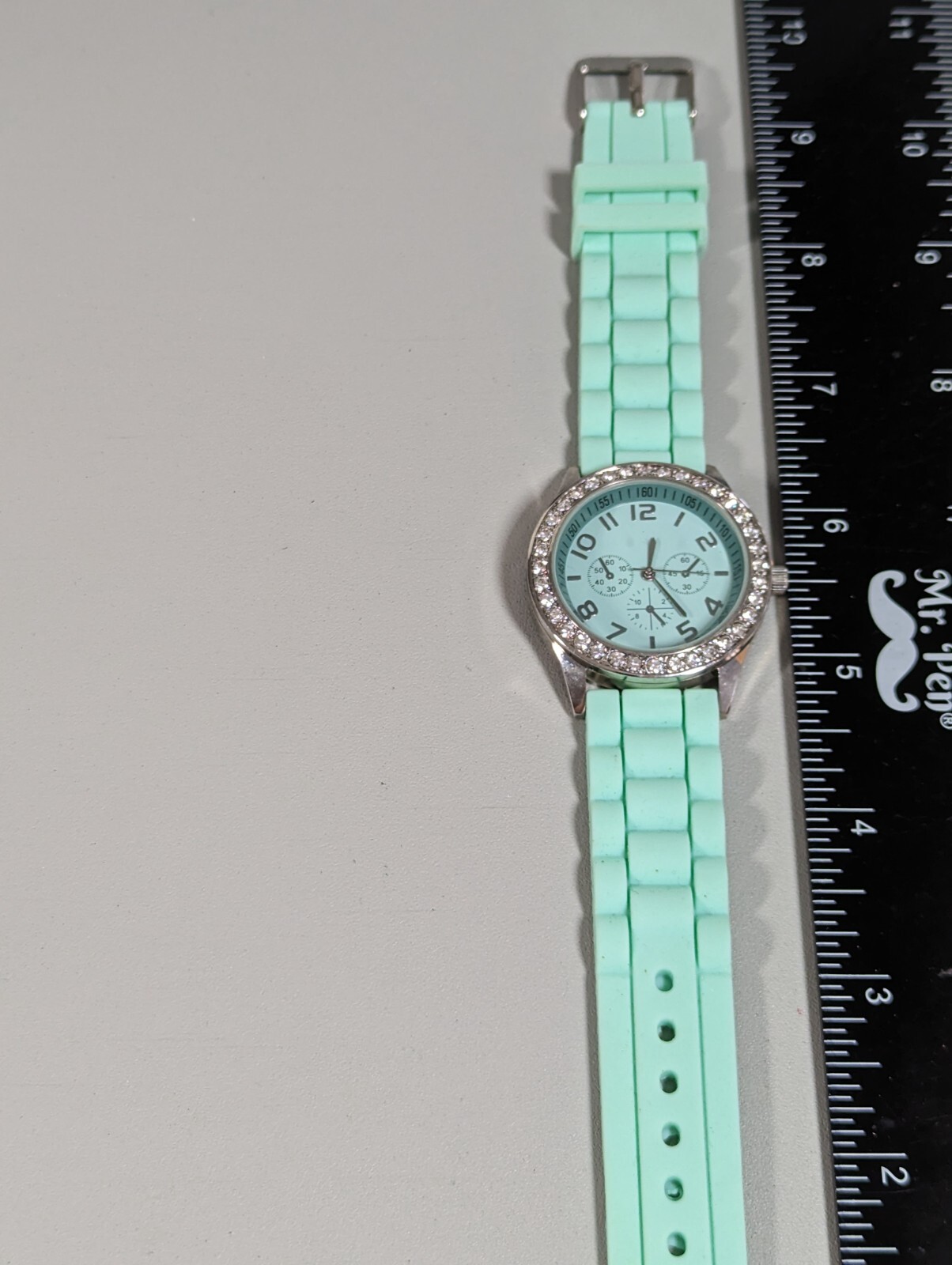 Green Dial Crystal Accent Round Silver Tone Case Green Silicone Band Watch