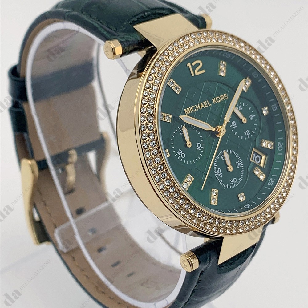 New Michael Kors MK6985 Parker Leather Strap Green Dial Quartz Women’s Watch