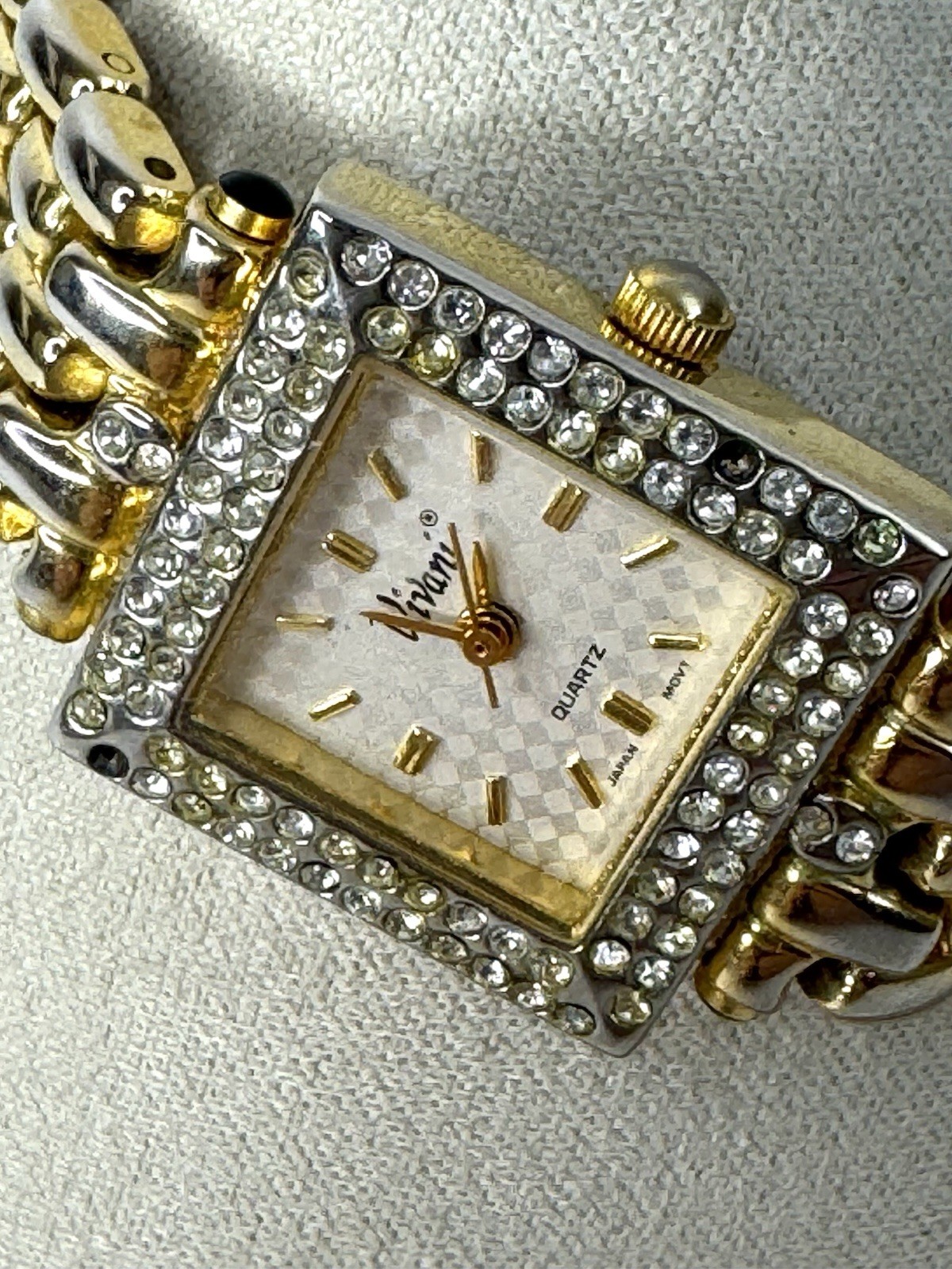 Accutime Vivani Gold Tone Quartz Watch CZ Crystal Square Face Japan Movt 7”