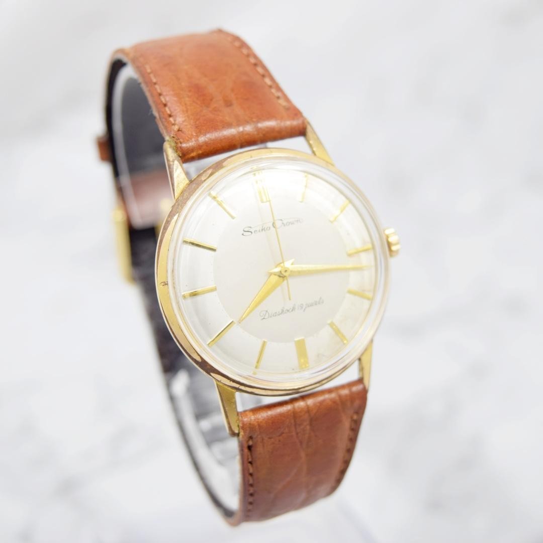 Seiko Crown Manual Wind Mens Wristwatch Silver Dial 37mm 18cm Running Operation