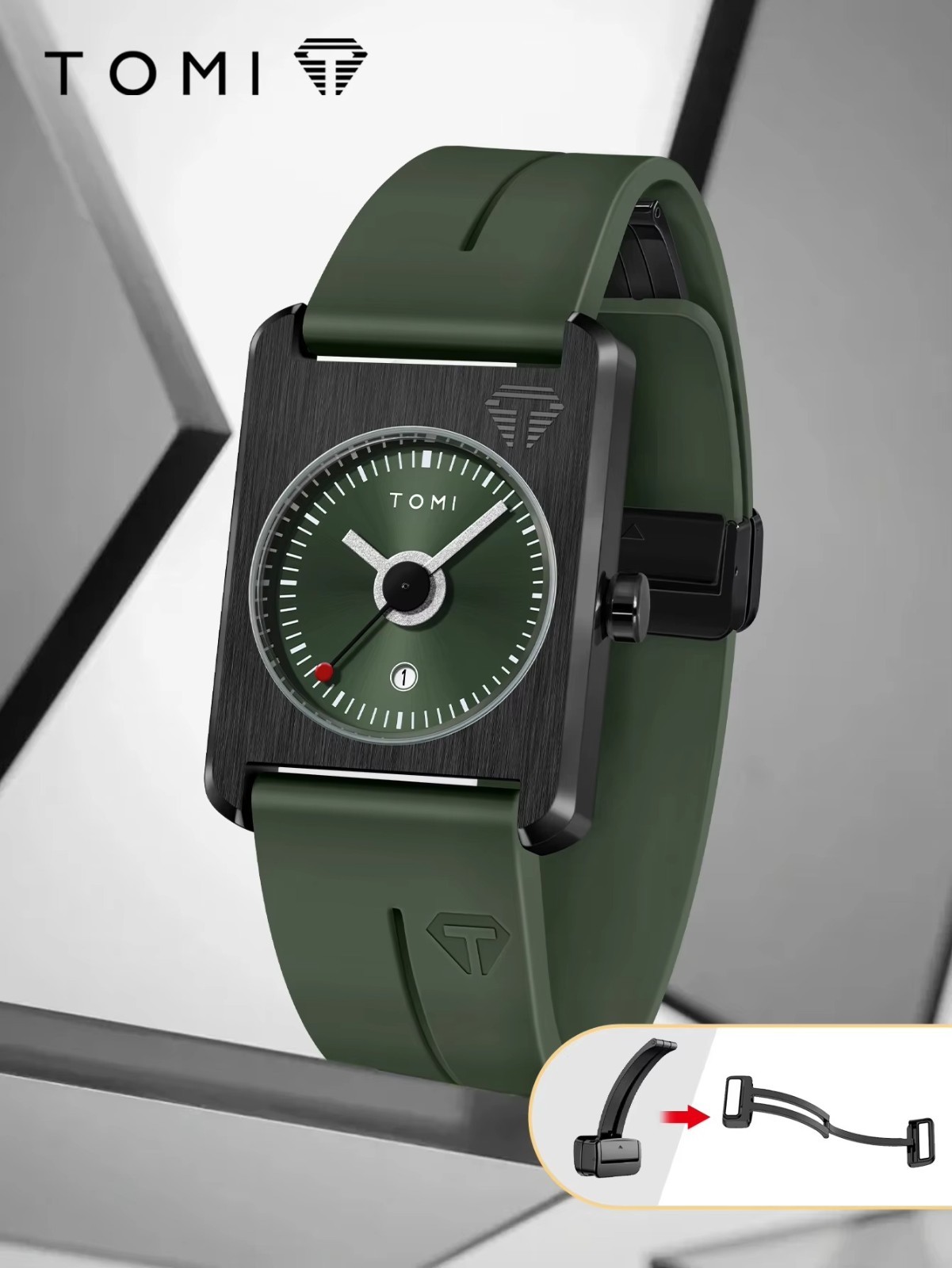 TOMI Minimalist Rectangle Quartz Watch Unisex Silicone Strap Magnetic Clasp 42mm