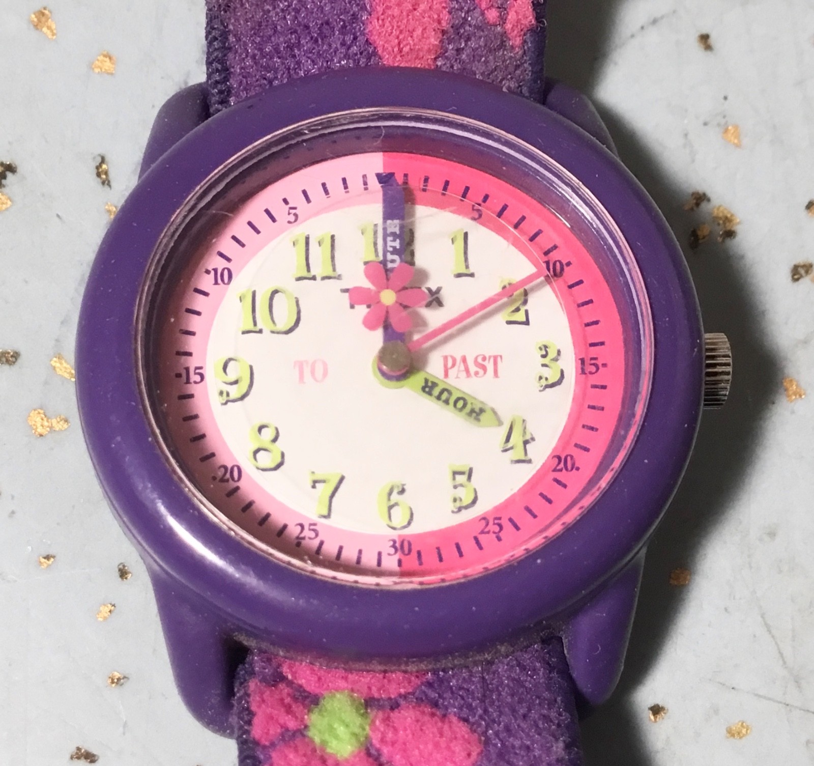 TIMEX KIDS T89022-GIRLS PURPLE WATCH w/PINK FLOWERS ELASTIC FABRIC STRAP