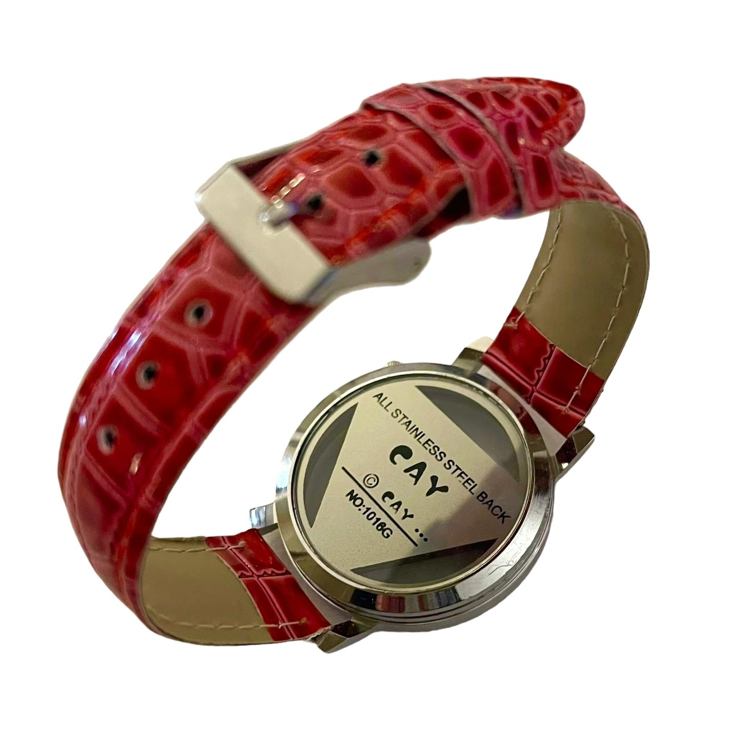 NEW CAY Women’s Fashion Watch HOLLOWED FACE Triangular Dial RED FAUX LEATHER