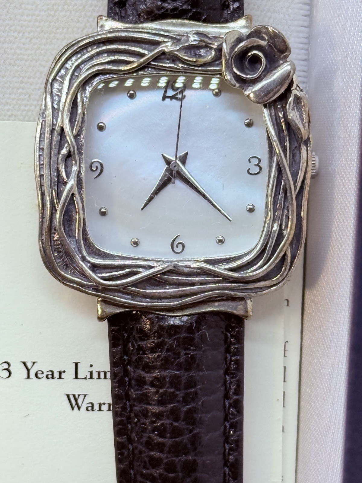 Or Paz Israel Silver Ladies Watch Black Leather Strap Rose Mother of Pearl Face