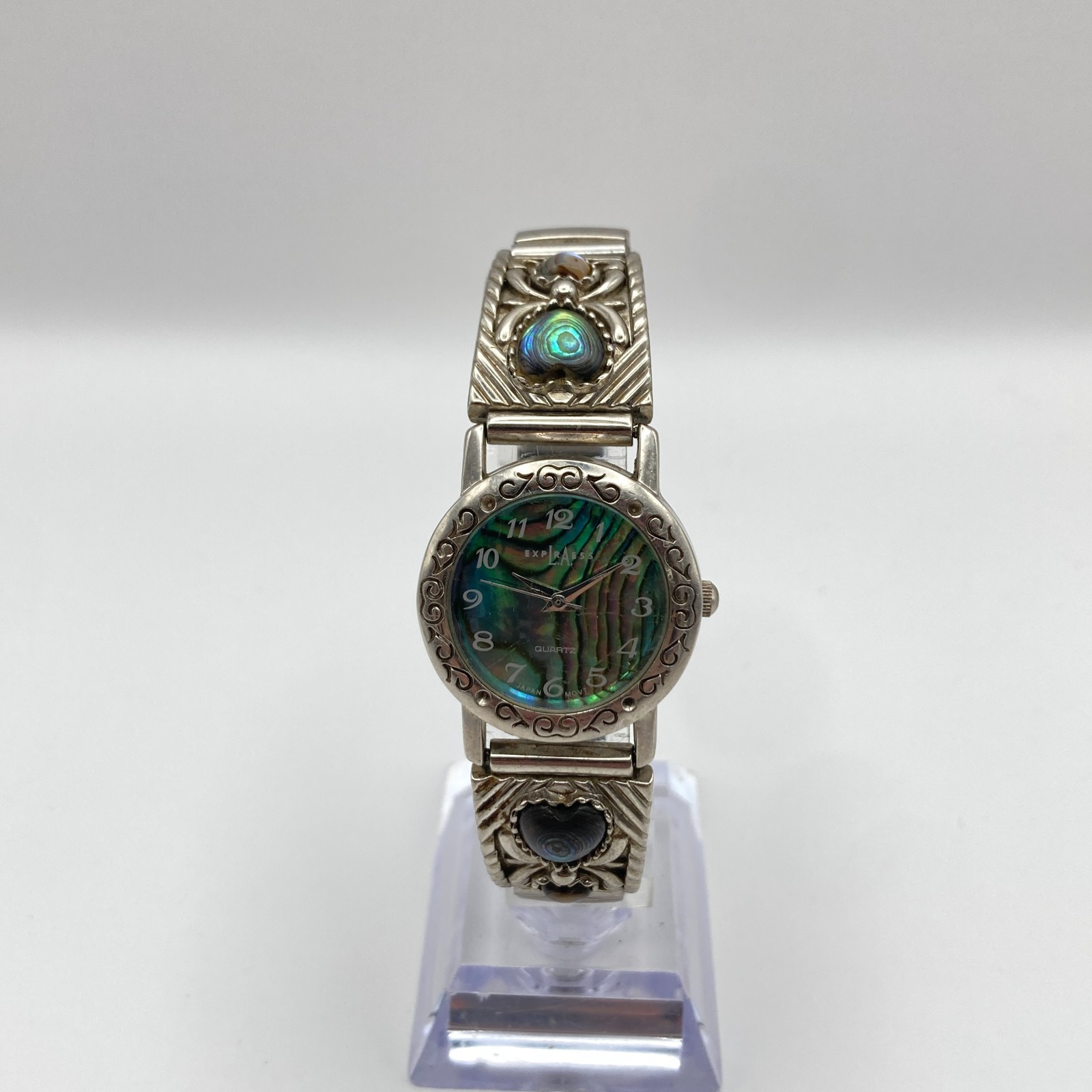 LA Express Womens Watch Abalone Heart 22mm Silver Tone Stretch New Battery 6″