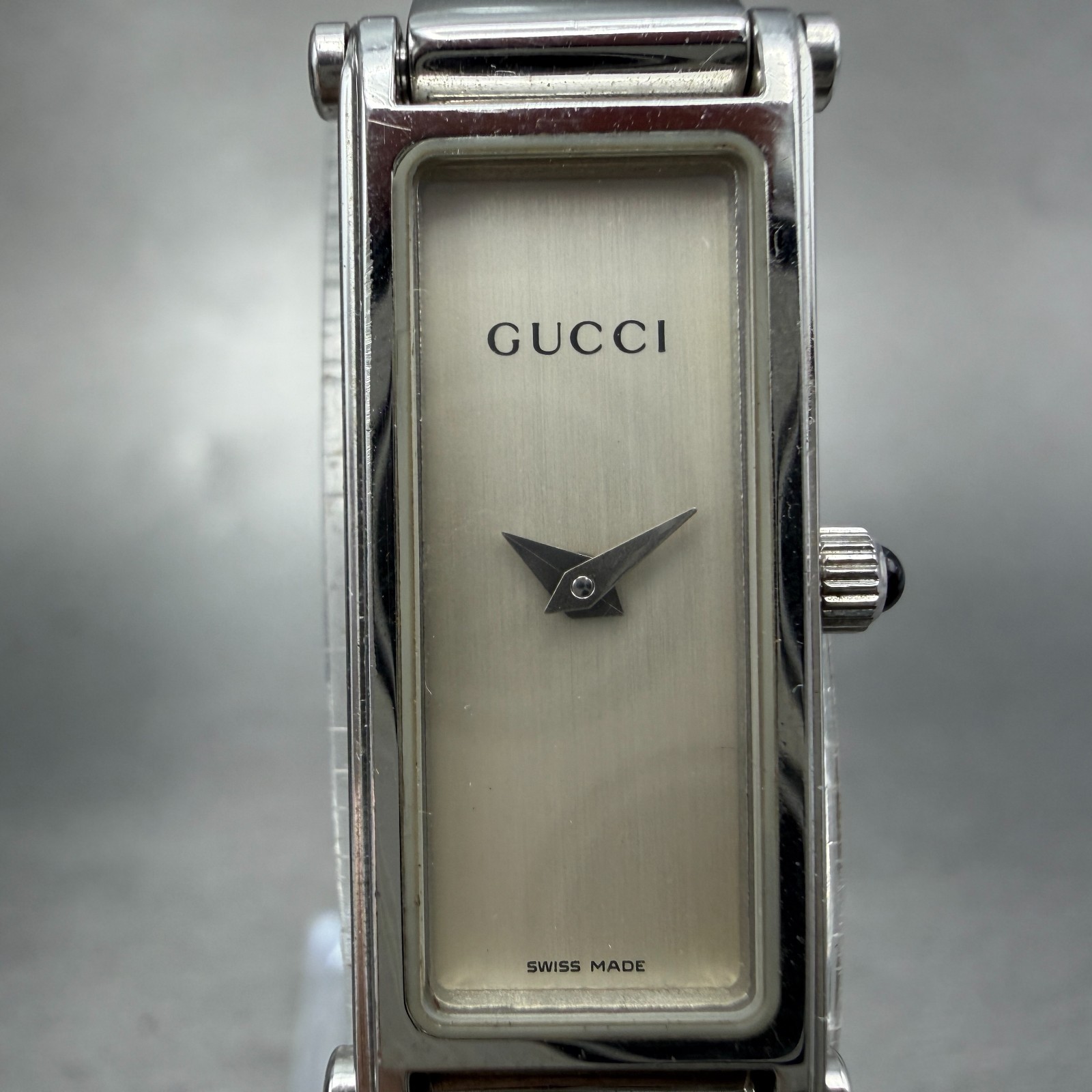 Gucci 1500L Tank Watch Women 12mm Black Dial Steel Rectangle Bangle New batt Box