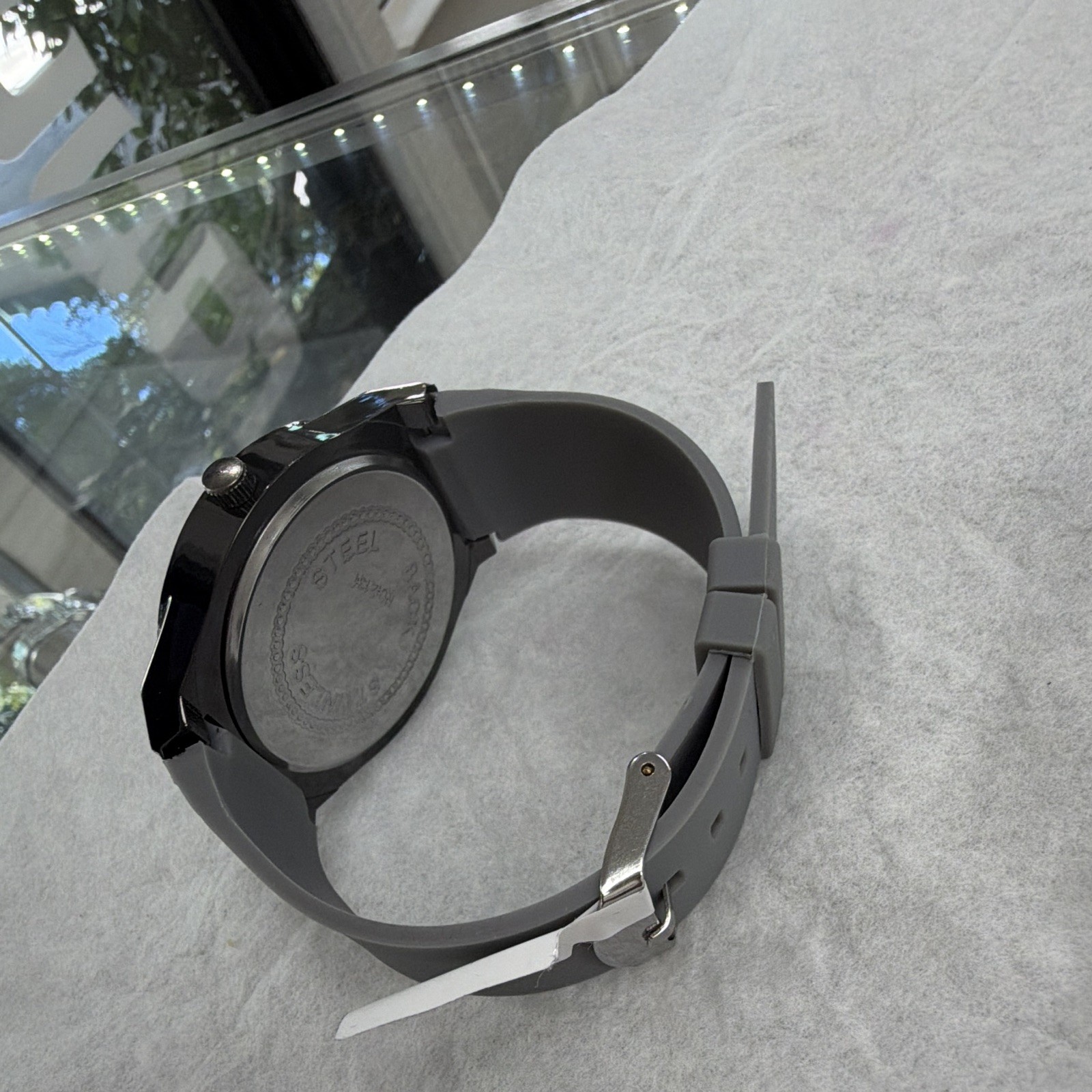 Jiusou Mechanical Automatic Skeleton Dial Analog Watch Black Case Gray Strap