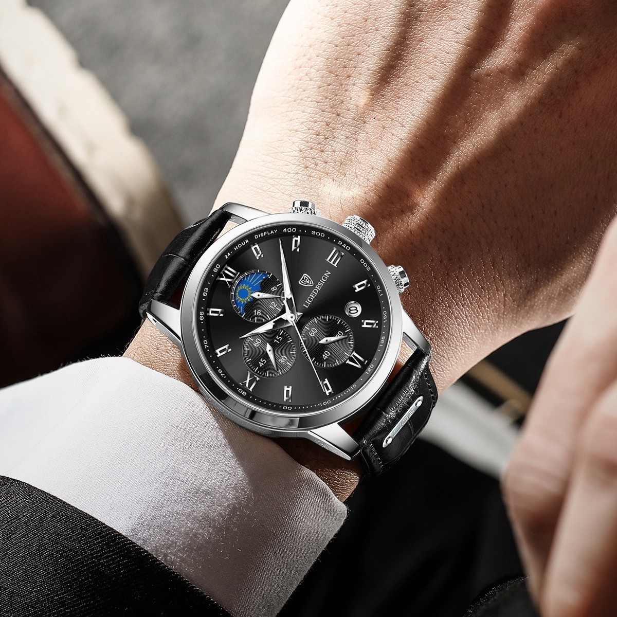 Men’s Watch Quartz Leather Band Luminous Date Chronograph Waterproof Wristwatch