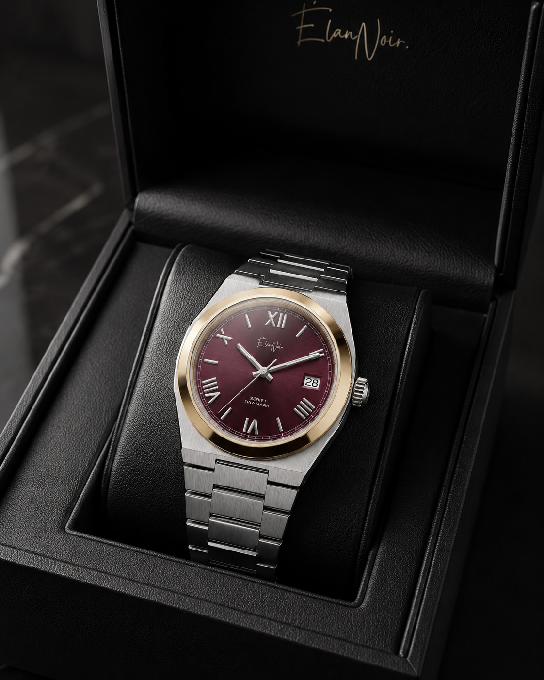 Élan Noir Série I Maroon/Gold 36mm AutomaticNH35 Sapphire Crystal Steel Watch