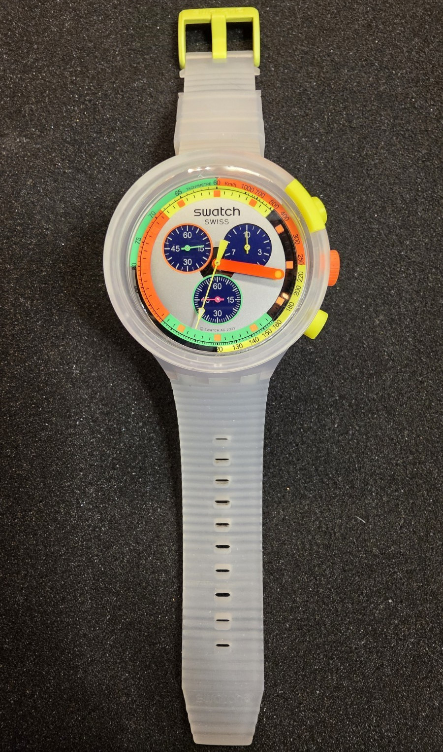 Swatch SB02K100, Big Bold Chrono 47mm Neon Jelly Quartz Watch, Clear