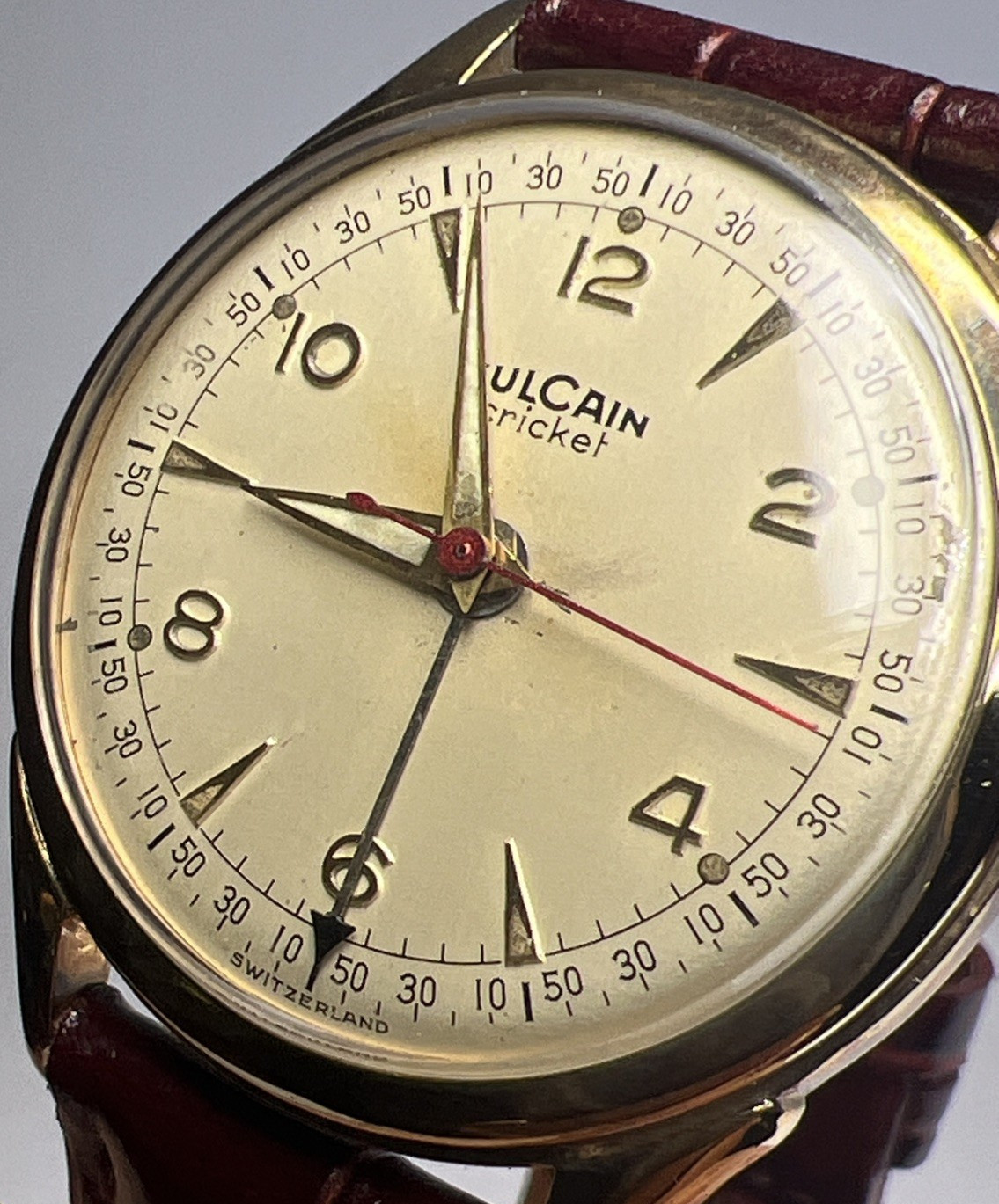 Vulcain Cricket Vintage 33.5mm Gold Tone Manual Wind Alarm Watch w/ Red Leather