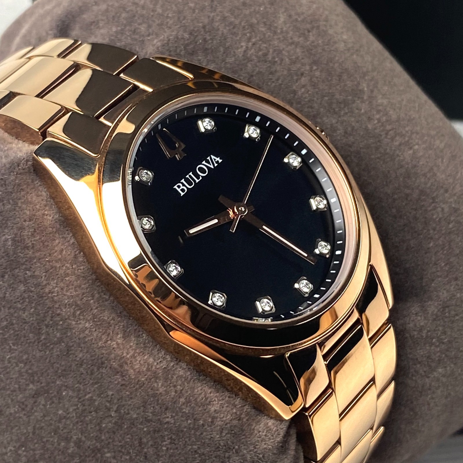 Bulova Surveyor 97P156 Grey Dial Diamonds Rose Gold Strap Women’s Watch