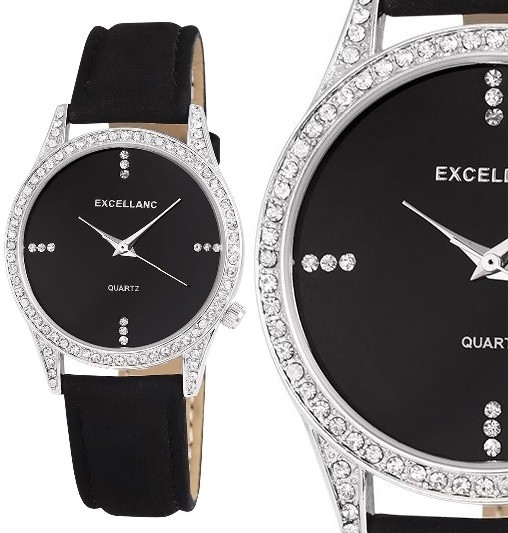 Ladies’ Watch Wristwatch Black Silver Crystal Faux Leather Strap Excellanc 1900060