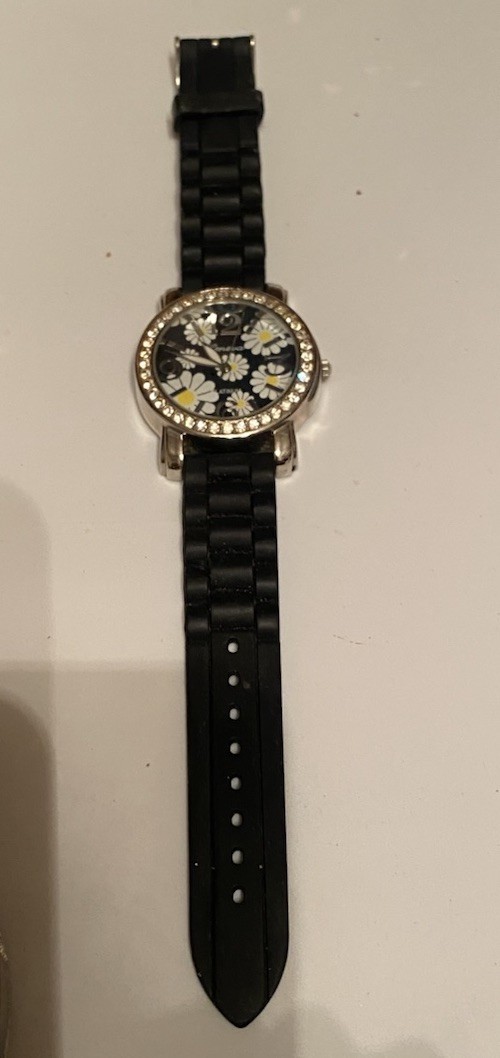 Geneva Platinum Womens Large Round Daisy Watch Rhinestones Black Silicone 9521