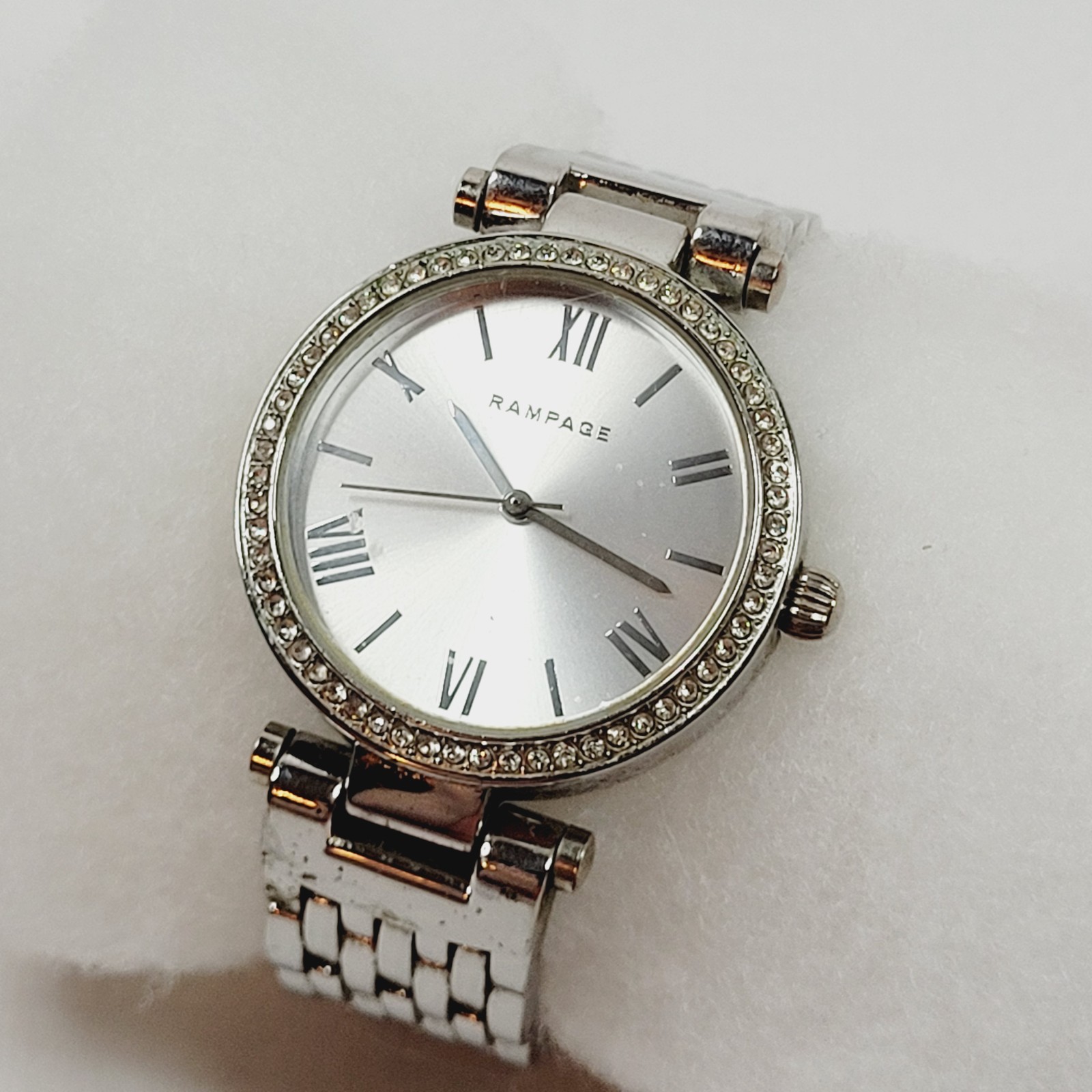 Rampage Ladies Quartz Watch Silver Tone Rhinestones About 6″ Working