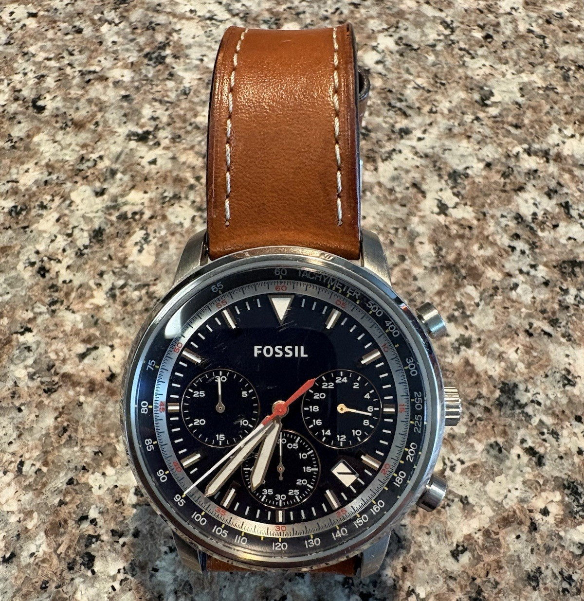 Fossil Men’s Quartz Chronograph Tachymeter Watch Black Dial Brown Leather Strap